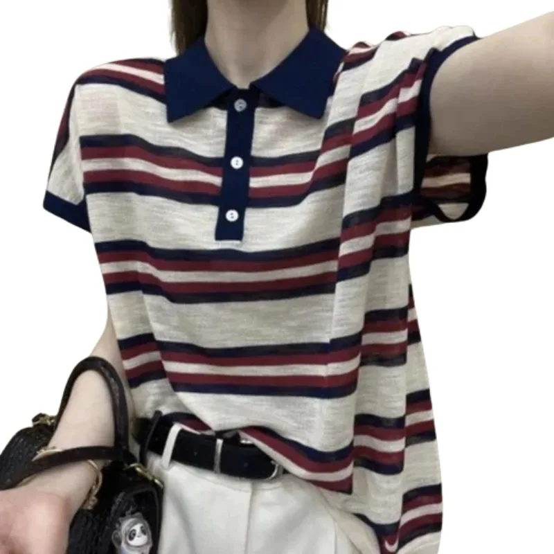 Women\'s Summer Pullover Polo-Neck Contrast Color Short Sleeve Striped ButtonKnitted Thin T-shirt Office Lady All-match Tops