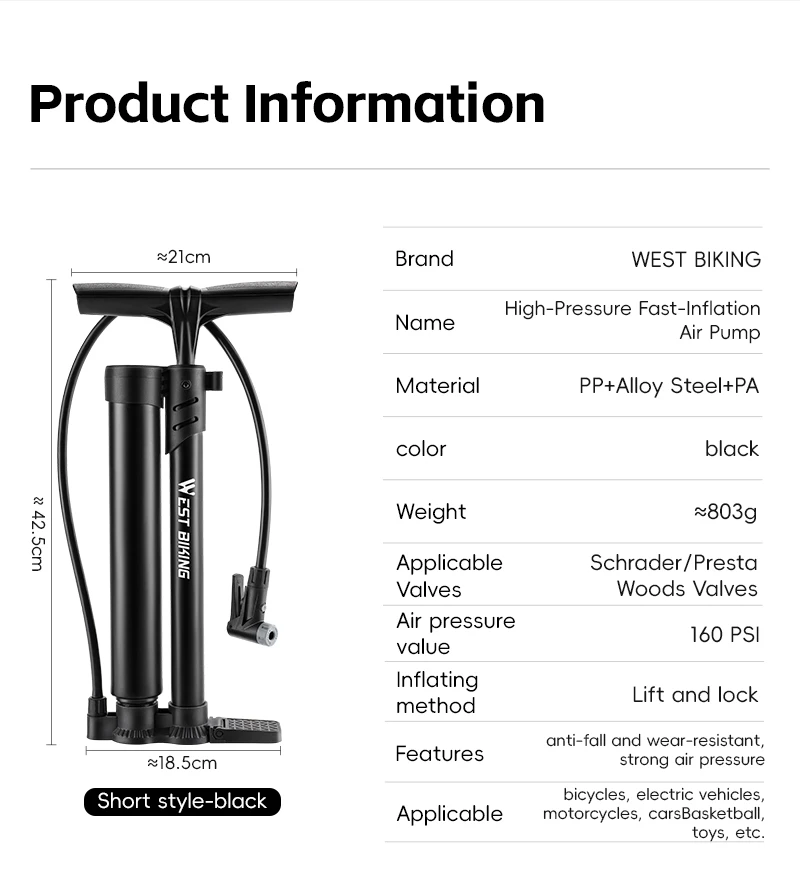 WEST BIKING 160PSI Fahrradpumpe Tragbare Schnellaufpumppumpe mit Manometer für Presta- und Schrader-Ventile E-Bike MTB Rennrad-Pumpe – Detail 4