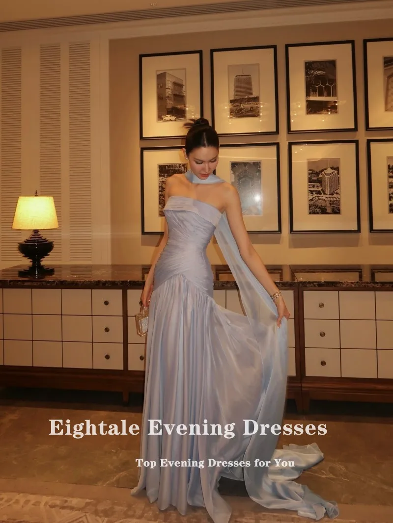 Eightale árabe vestido de noite sem alças plissados crepe personalizado halter azul muçulmano a linha baile de formatura vestido de festa de casamento