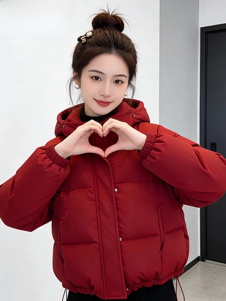 

Red Thickened Cotton Jacket Women's Winter New Style Commute Cotton Coat Warmth Personality Small Size Chinese Zodiac Year
