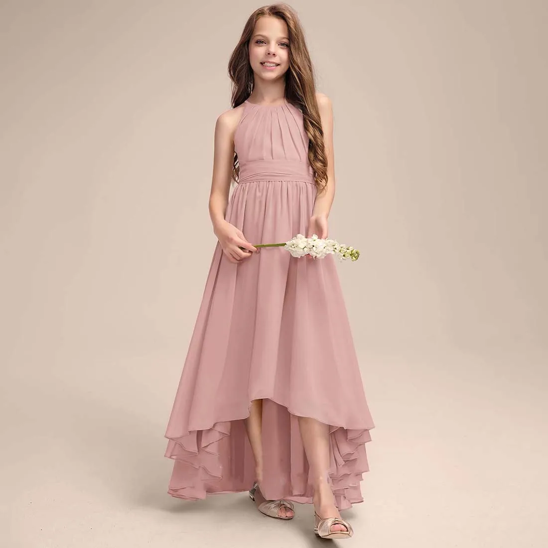 

YZYmanualroom Chiffon Junior Bridesmaid Dress With Pleated A-line Halter Asymmetrical 2-15T