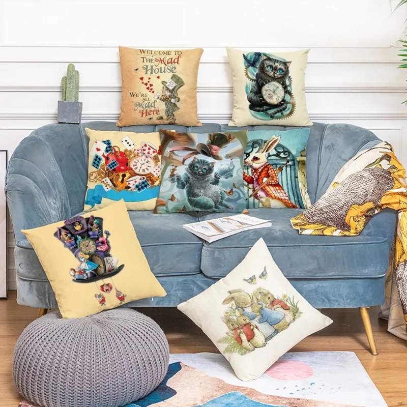 

Alice Printed Decorative Cushion Cover Cute Rabbit Cat Pattern Sofa Throw Pillow Cover Vintage Home Decor Square Pillowcase