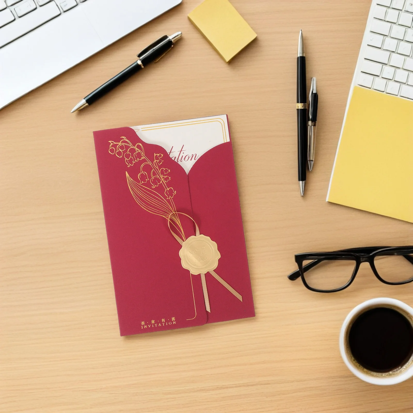 

20Pcs Wedding Congratulation Cards Set Elegant Chinese Red Invitations with Gold Foil Ribbon Banquet Engagement Bridal Shower