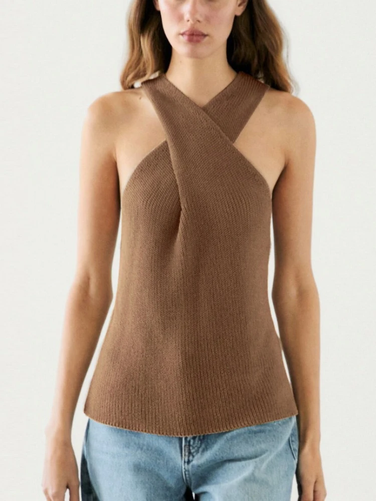 

2025 New European and American Elegant Cross Hanging Neck Strap Sleeveless Knitted Sweater Tank Top