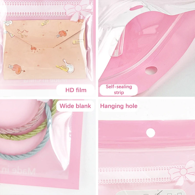 20 Pcs Cute Girl Heart Pink Bow Self-sealing Bags, Powder Puff Cosmetic Packaging Bags ,Antioxidant Jewelry Plastic Ziplock Bags