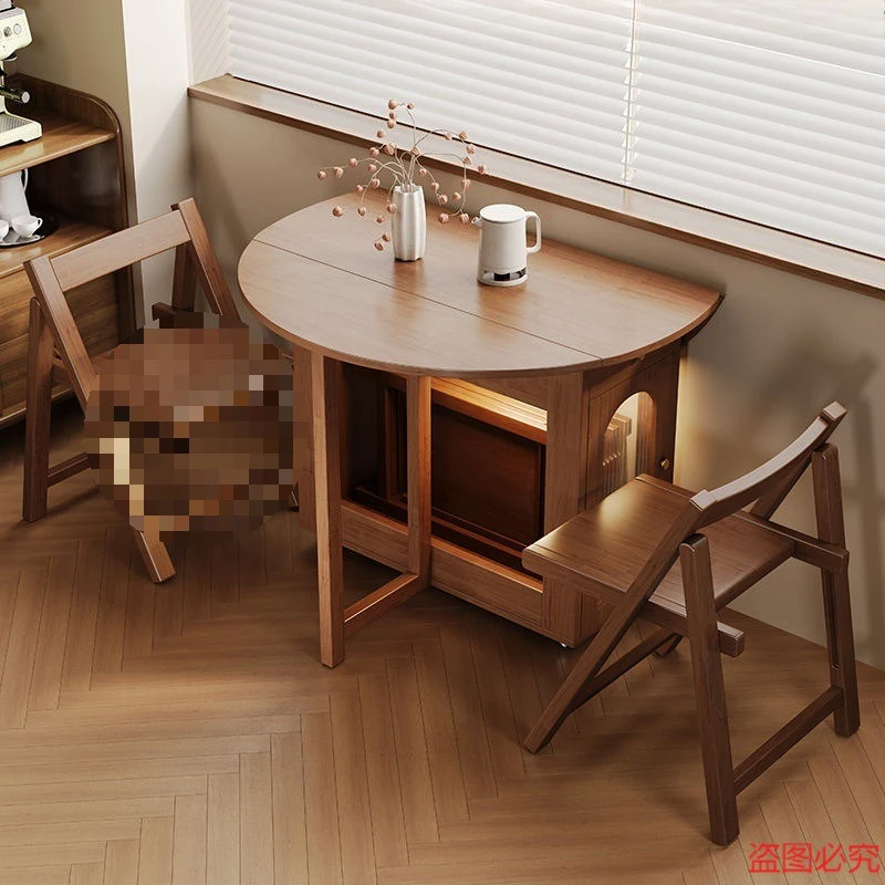 Solid wood folding round table Small apartment dining table Household dining Movable eating table Multifunctional round