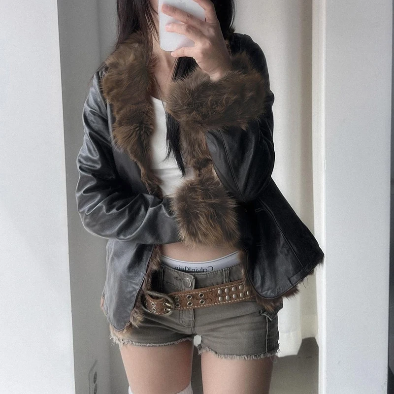 SUCHCUTE Y2K Vintage Cropped Leather Look Jacket Contrast Faux Fur Lapel Cuff Slim Waist Retro Streetwear Outerwear Fall Winter