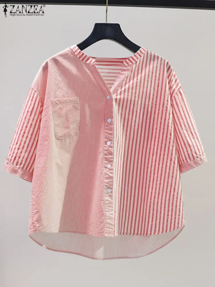 ZANZEA-Camisa de manga corta a rayas para Mujer, blusa de trabajo con cuello en V y botones, Tops holgados informales para vacaciones, Verano