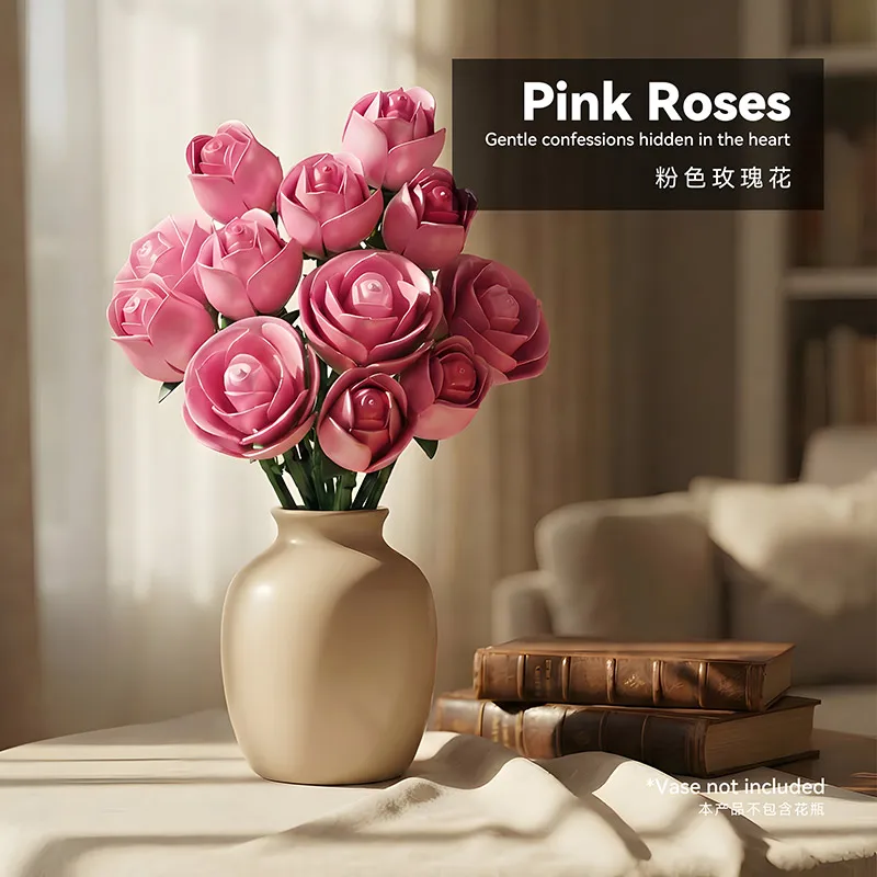 

Pink Rose Building Blocks Bouquet, Preserved Flower DIY Assembly Toy Set, Desktop Decor Ornament Model, Nice Gift for Girls