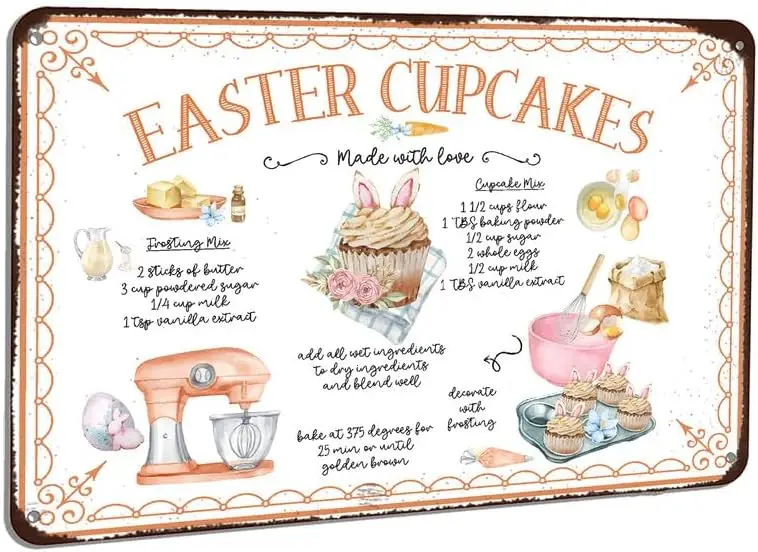 Easter Cupcake Recipe Metal Tin Sign Cooking Decor for Cafe Rustic Farmhouse Kitchen Wall Art Sweet Treats S