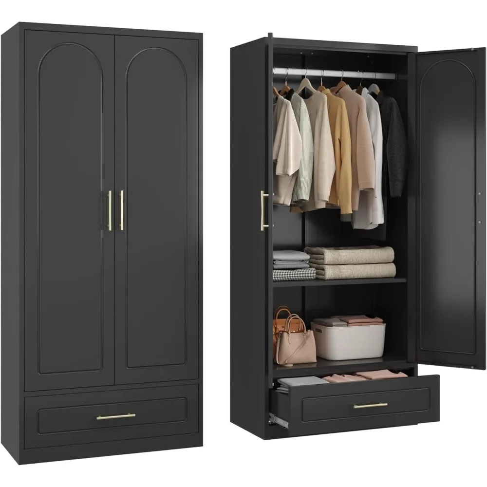 

Wardrobe Closet with Drawer,71Inch Black Clothing Storage Cabinets with Hanging Rod, for Bedroom Home Office