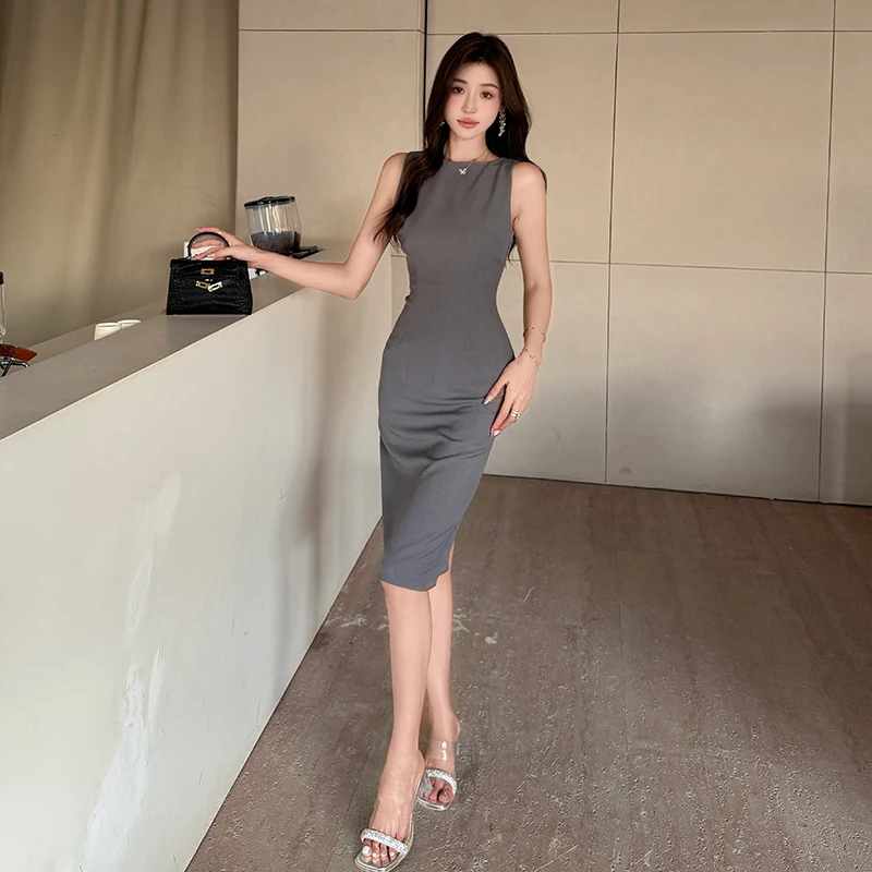 2025 Summer Women Gray One-word Collar Sleeveless Slim Fit Long Dress  Formal Office Lady Work - AliExpress 200000345