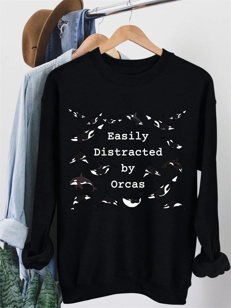 Autumn and winter warm women's clothing is easily distracted by orcas dolphin cute print fashion crewneck fleece hoodie