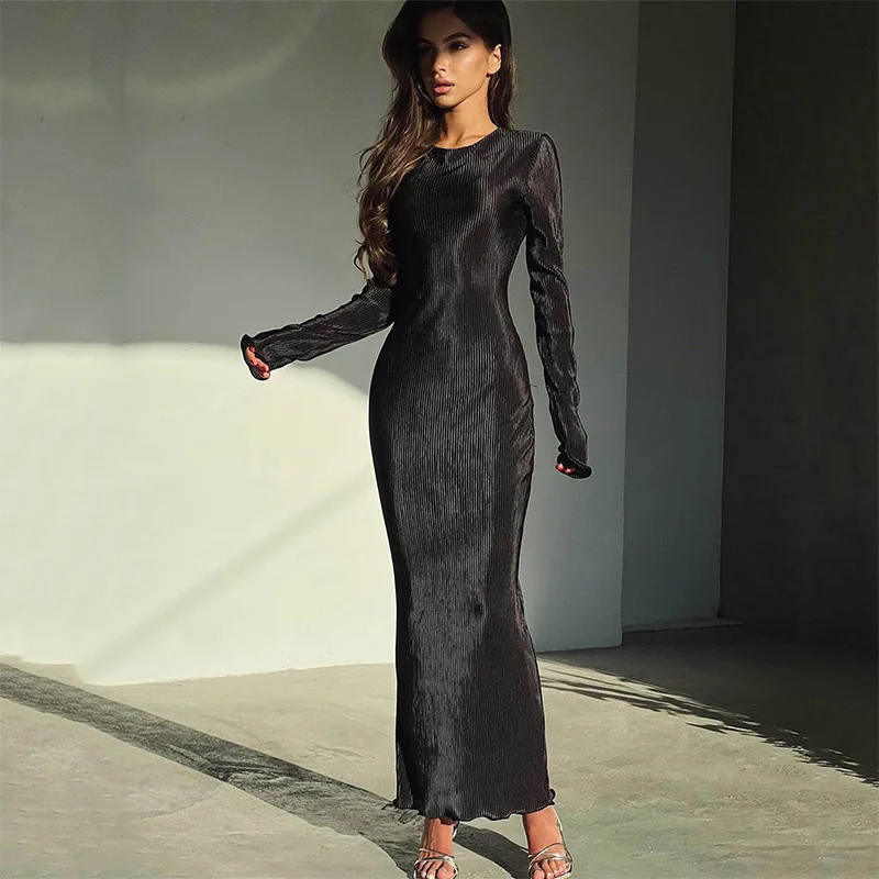 Maxi Bodycon Dress Spring Formal and Elegant Women\'s Dresses Evening Party Robe Femme Solid Ribbed O Neck Long Sleeve Vestidos