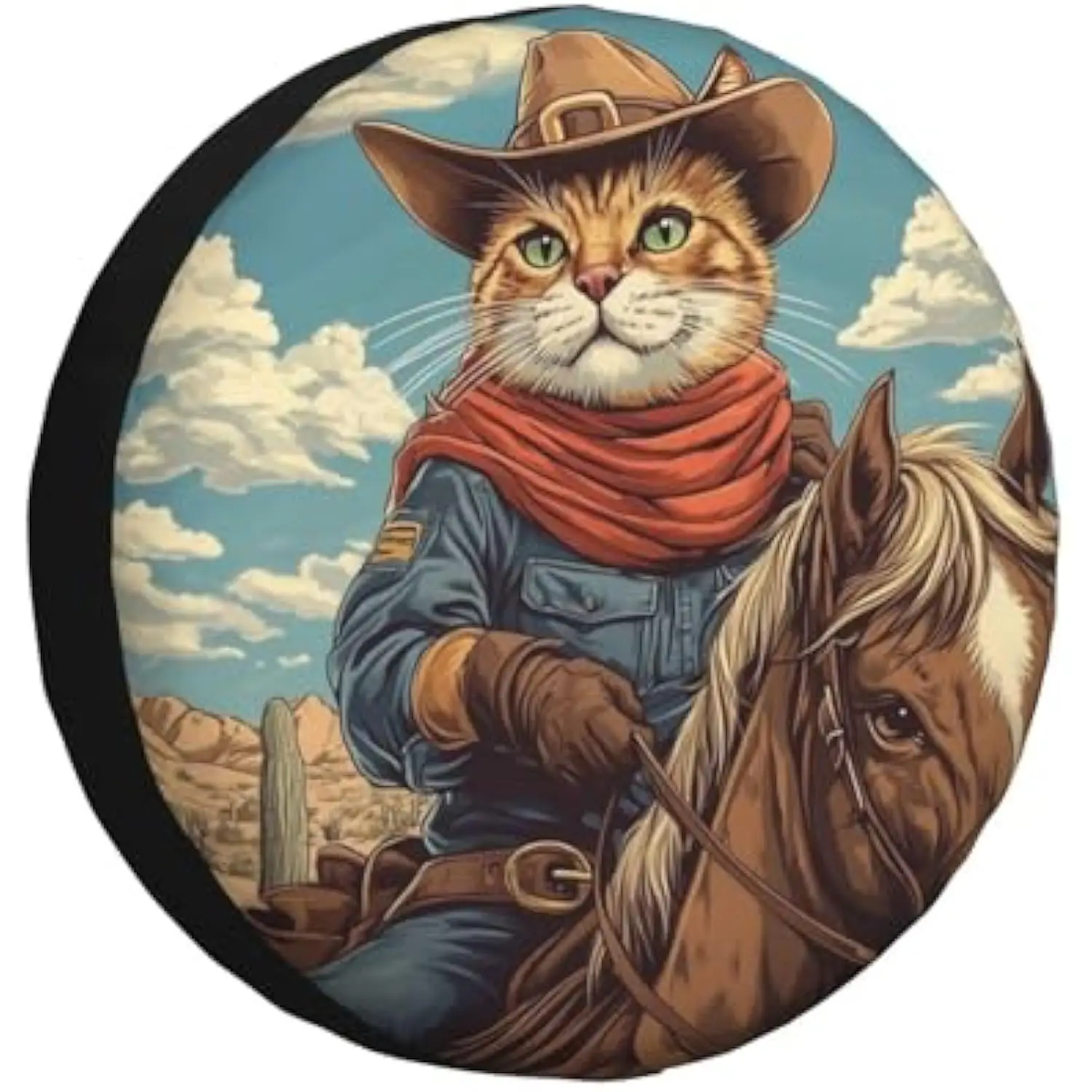 

Cowboy Cat Riding Horse Spare Tire Cover Funny Western Desert Wheel Protector