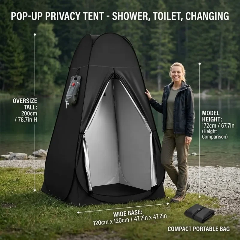 2M High Pop Up Portable Outdoor Shower Tents Camping Toilet Privacy Changing Room Beach Fishing Bathing Shelter Black Extra Tall