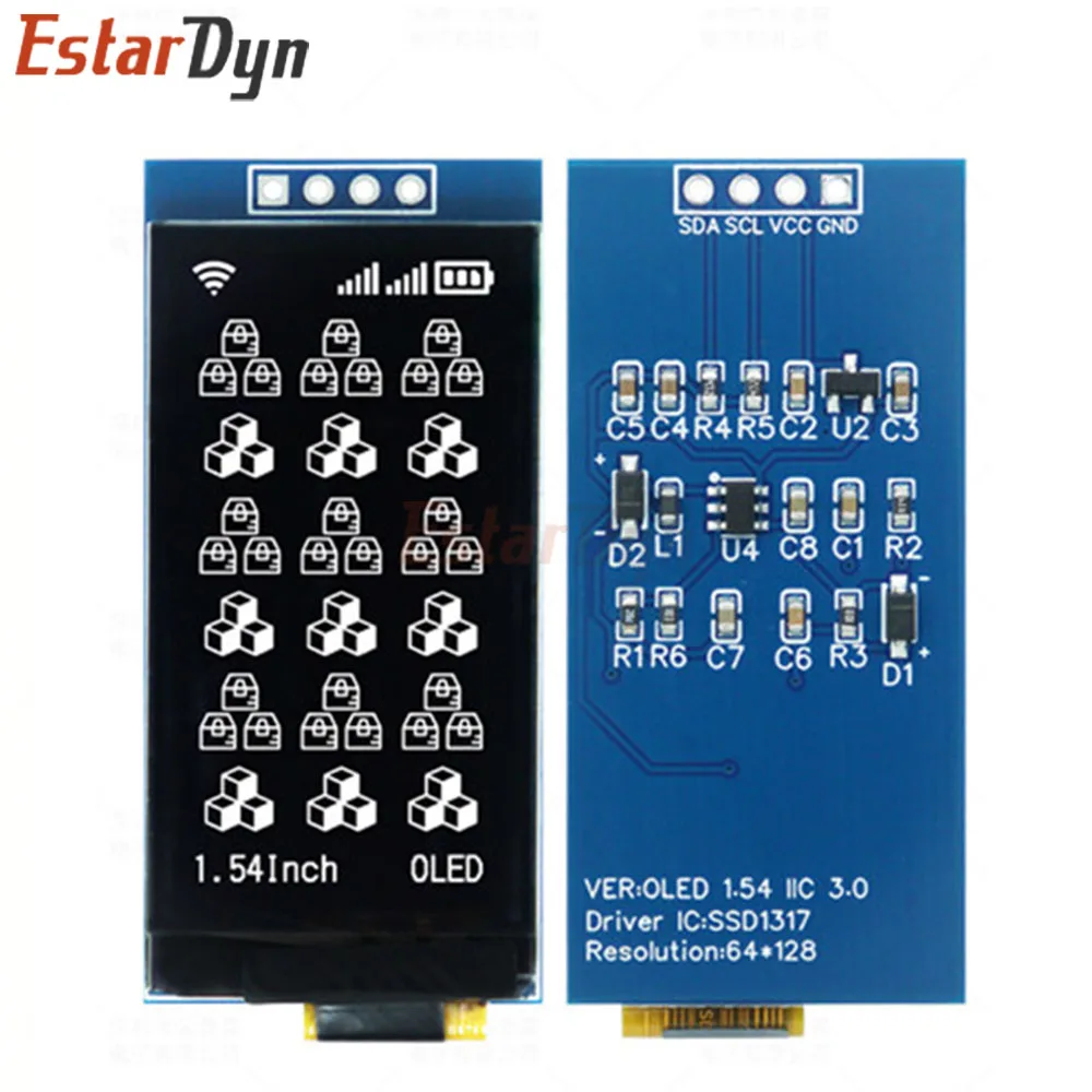 

Дисплей Estardyn OLED 1,54 дюйма, белый, 64x128 пикселей, драйвер SSD1317, интерфейс I2C 4-контактный, модуль для умных счетчиков, IoT, носимых устройств, DIY