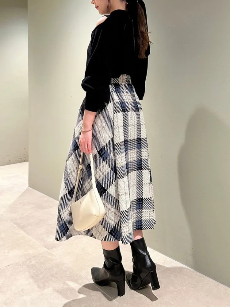 

New Sweet High Waist Vintage Women Skirts A-line Plaid Blended Skirt All-match Elegant 2024 Autumn Japan Style Long Female Jupe