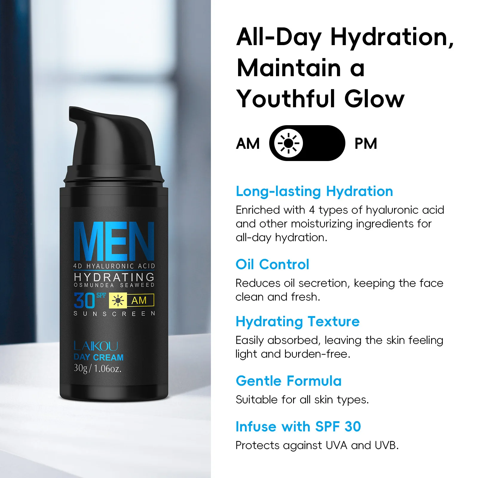 

LAIKOU Men Daily Moisturizer with SPF30, Anti Aging Face Cream for Dry Skin, Hydrating Sunscreen Lotion Smooth Texture