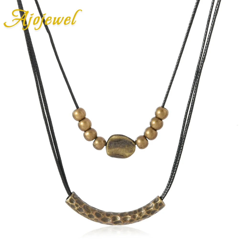 

Ajojewel Vintage Bronze Tubular Pendant Necklace With Adjustable Knot Double Layer Leather Jewelry Cool Gifts