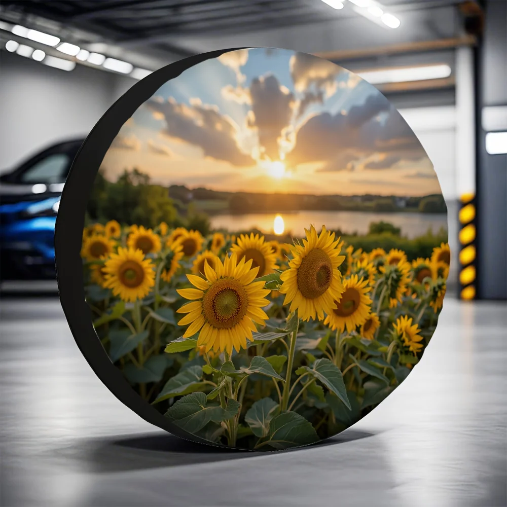 1pc 2D Flat-Printed Tire Covers Featuring A Sunflower Sunset By A Lake. These Fabric Covers Are Suitable For Truck And Trailer T