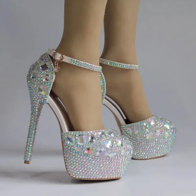 Summer New Women Slingbacks Sandals Buckle Pumps Rhinestone Crystal Platform PU 14CM Thin Heels Height Increasing Woman Shoes