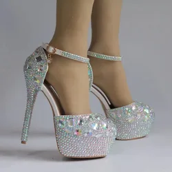 Zomer Nieuwe Vrouwen Slingbacks Sandalen Gesp Pumps Strass Crystal Platform Pu 14Cm Dunne Hakken Hoogte Toenemende Vrouw Schoenen