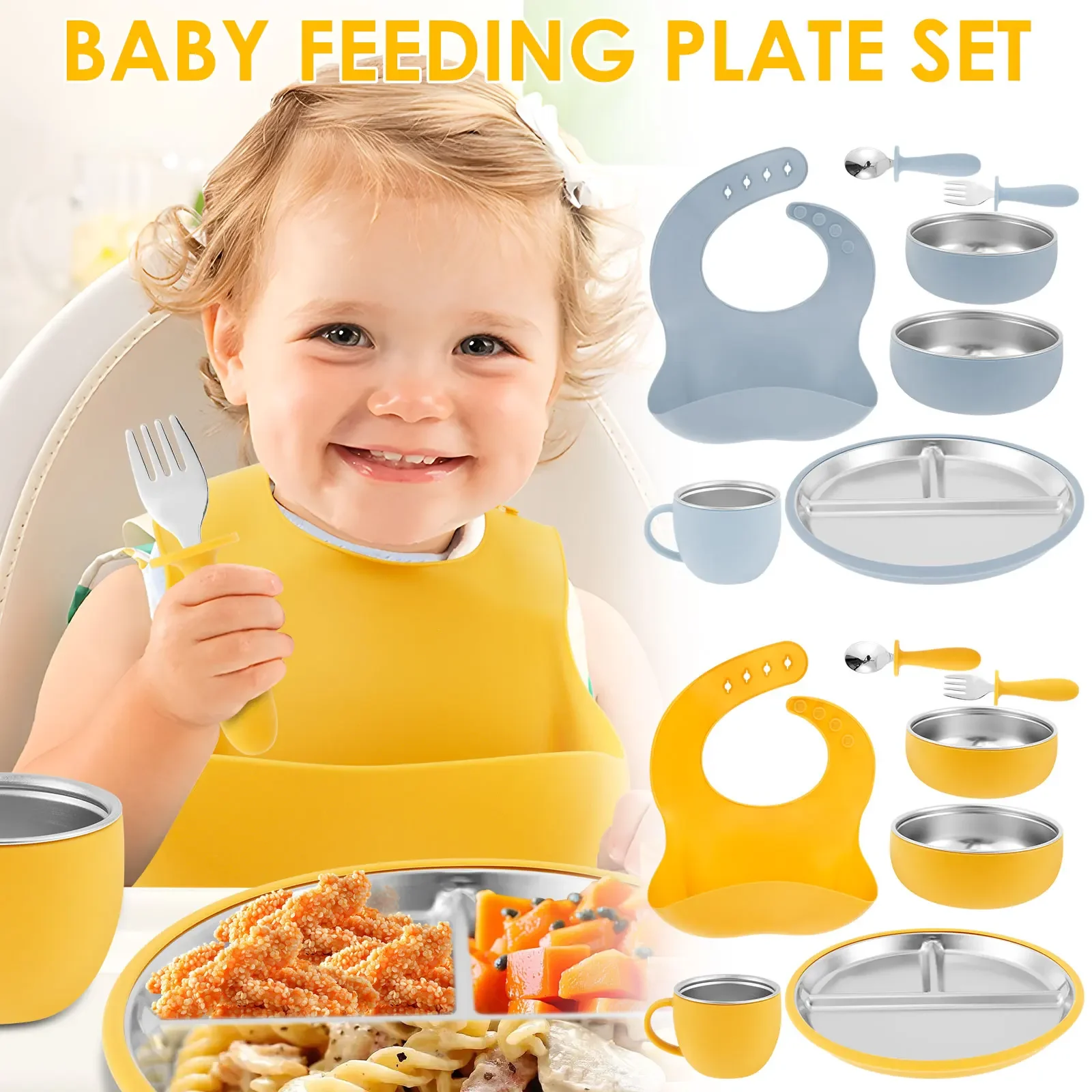 

7Pcs Stainless Steel Baby Feeding Set With Suction Cup Easy to Clean Portable Toddler Feeding Supplies With Removable Silicone