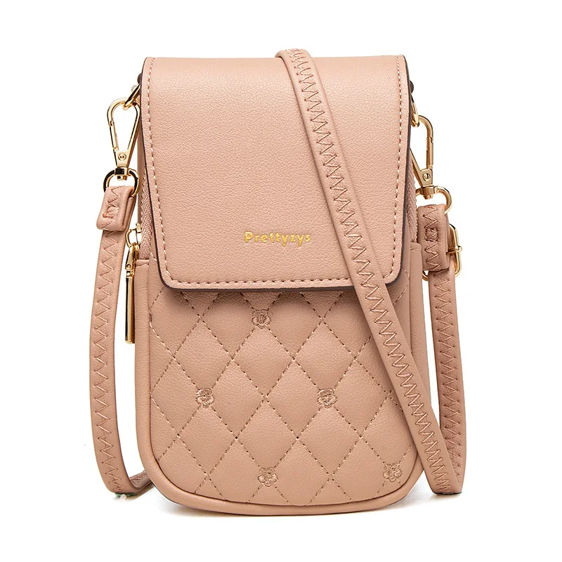 Diamond-patterned PU leather vertical square mobile phone bag, simple flip cover buckle single-shoulder women's crossbody bag
