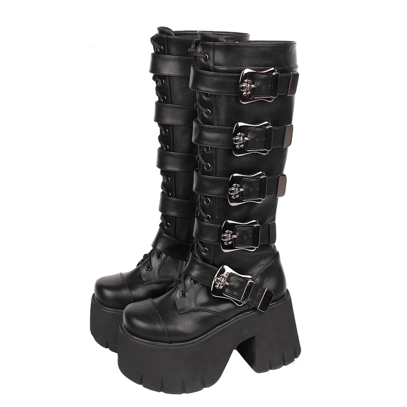 Gothic Motorcycle Boots Super High Heel 10cm Punk Belt Buckle Zipper Knee High Boots Black Red Lolita Girls Shoes Size 34-47