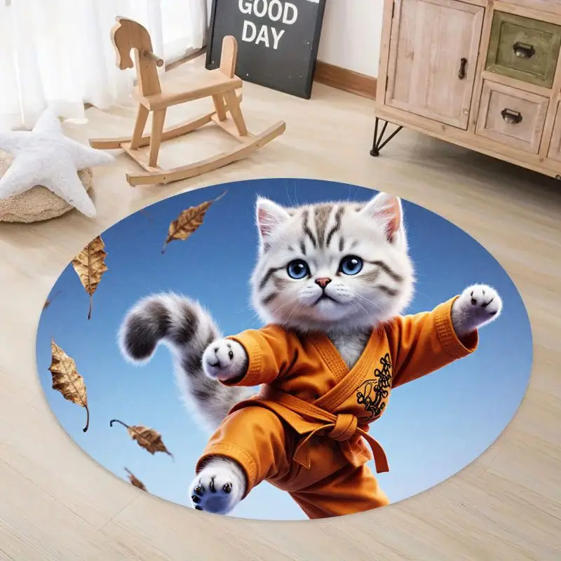 Cute Kitten Karate Cat Round Rug Orange Gi Martial Arts Kids Playroom Nursery Decor Soft Flannel Floor Mat Non Slip