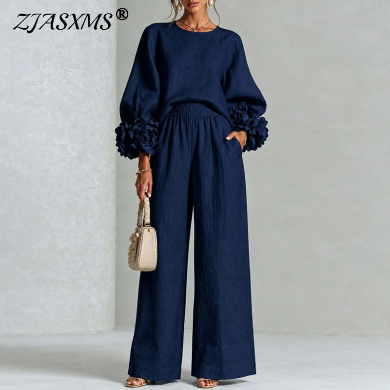 Autumn Solid Two‑Piece Sets Ladies Round Neck Lantern Sleeve Top 3D Flower Wide Leg Trousers Suit Elegant Daily Vacation Outfits