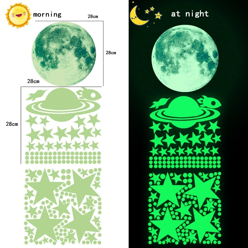 ملصقات حائط على شكل نجوم القمر المضيئة لديكور غرفة نوم الأطفال تتوهج في الظلام، ملصقات جدارية على شكل أرضية، ملصقات Noctilucent لديكور المنزل