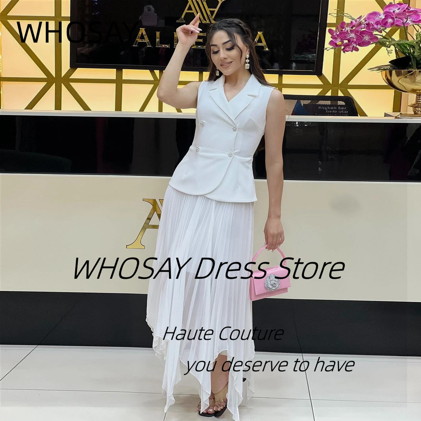 

WHOSAY Asymmetrical Pleats Prom Dresses Lapel V Neck Buttons Sleeveless Mother of the Bride Wedding Party Evening Dress