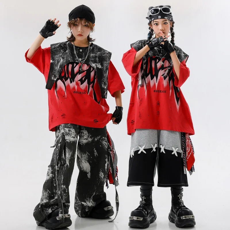 Boys Hip Hop Ripped Graffiti T-shirt Cool Vest Cargo Pants Girls K-pop Jazz Costumes Children Dance Clothes Sets Kids Streetwear