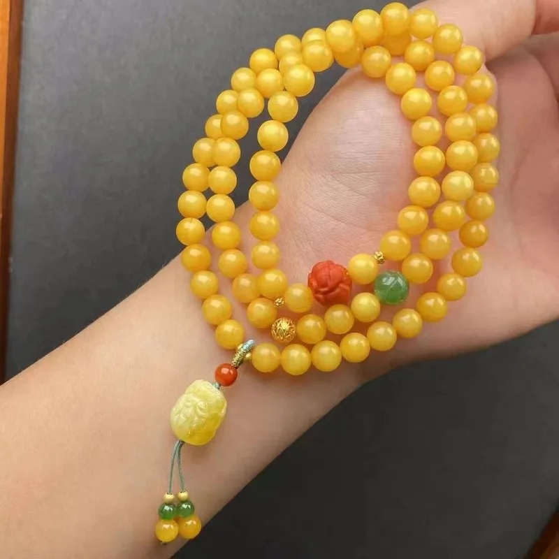 Natural Beeswax Old Honey 3-Row Bracelet Buddha Beads Jewelry Fashionable And Versatile