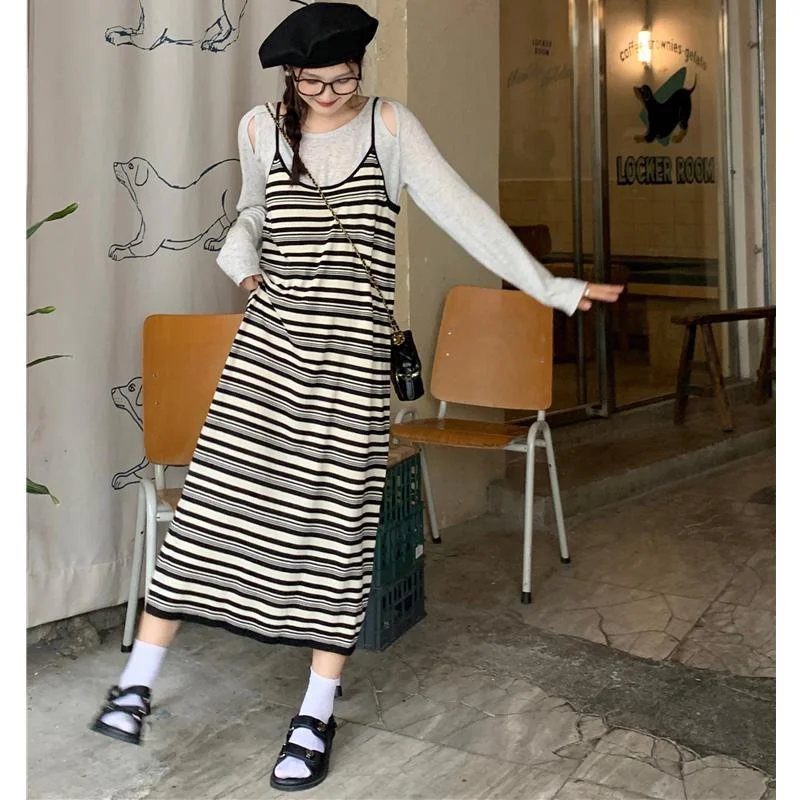 

Sexy Women Long Dress Loose Sleeveless Sling Dresses Striped Knit Woman Dress