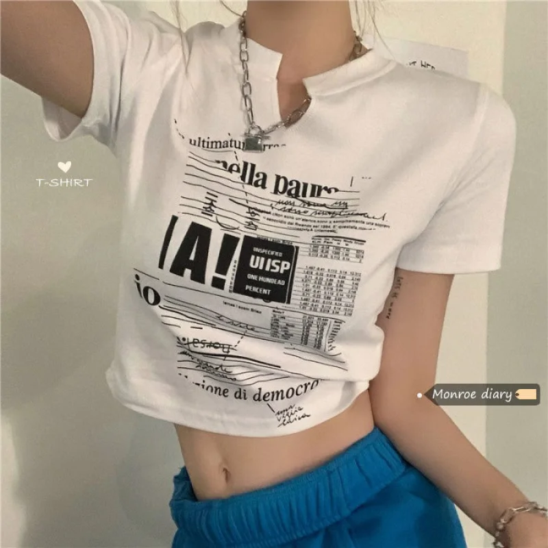 

White V-Neck Short Sleeved T-Shirt For Women'S Summer New Slim Fit Short Top With Exposed Navel
