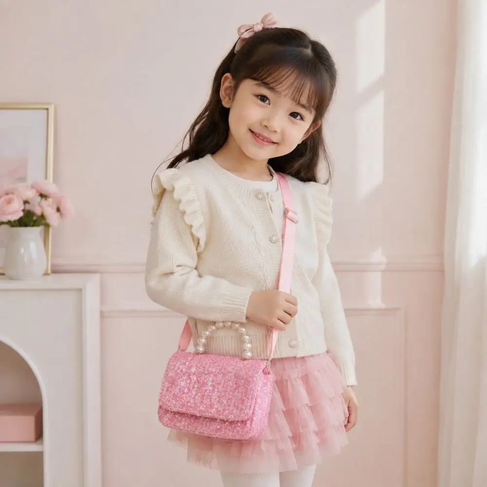 Cute Pure Color Girls Crossbody Bag Sequin Versatile Pearl Handbag Casual Children's Backpack For Girls