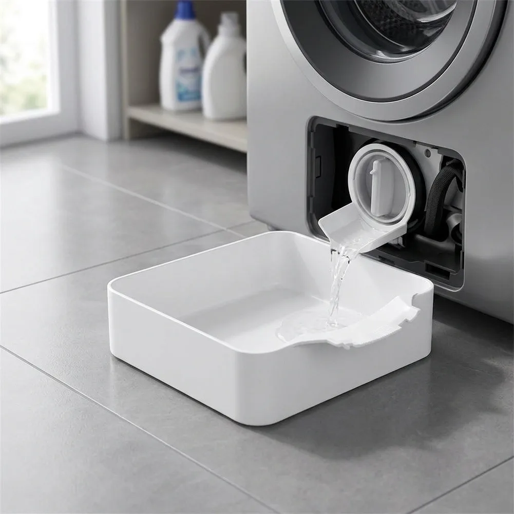 Utility Room Drain Tray for Washing Machine Filter Area with Elevated Sides to Contain Overflow During Servicing