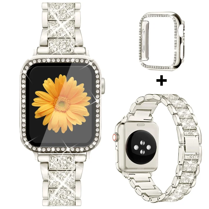 

Роскошный ремешок + чехол для Apple Watch Band 40 мм 44 мм 41 мм 45 мм 42 мм 46 мм Женские ювелирные изделия Металлический браслет с бриллиантами iWatch SE 6 7 8 9 10