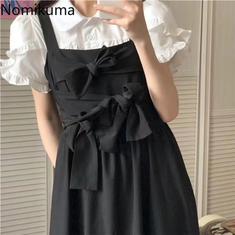 

Dress Suit Women Clothing 2 Piece Sets Short Sleeve White Blouse Bandage Bow Suspender Dress Outfits Fashion Sweet Summer Set
