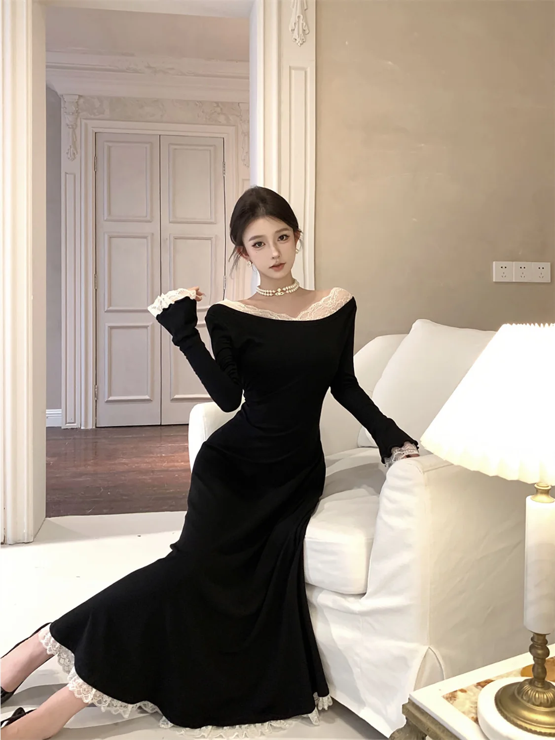 

Hebe Sle Long Sve Dr Women's Autumn Winter Slimming Waist Cinched Beautiful A-Line Skirt French Sle Pure Color Dr