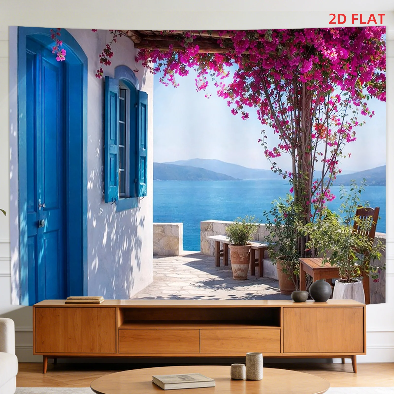 Mediterranean Patio Tapestry with Blue Door, Sea View and Pink Bougainvillea 180x280cm Wall Decor