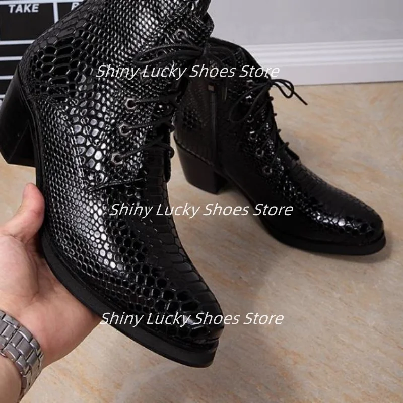 

Мужская обувь со змеиным узором, мужские кожаные ботинки на массивном высоком каблуке с перекрестным ремешком, однотонные таконы, швейные линии, Chassur