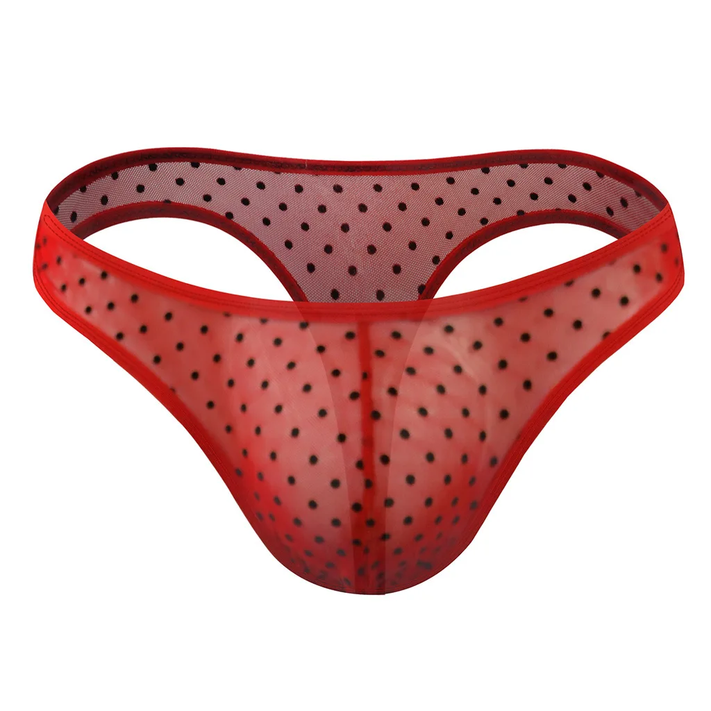 Men Erotic Bikini Polka Dot Flocking Mesh Breathable Thin Quick Dry T Back Thongs Gay Sexy Elastic Bulge Pouch Backless G-string