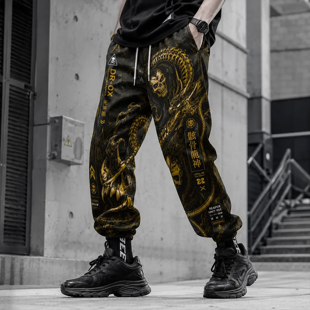 Golden Skeleton Dragon Pattern Warning Label Printing Technology Street Elastic Drawstring Waist Casual Loose Sports Pants