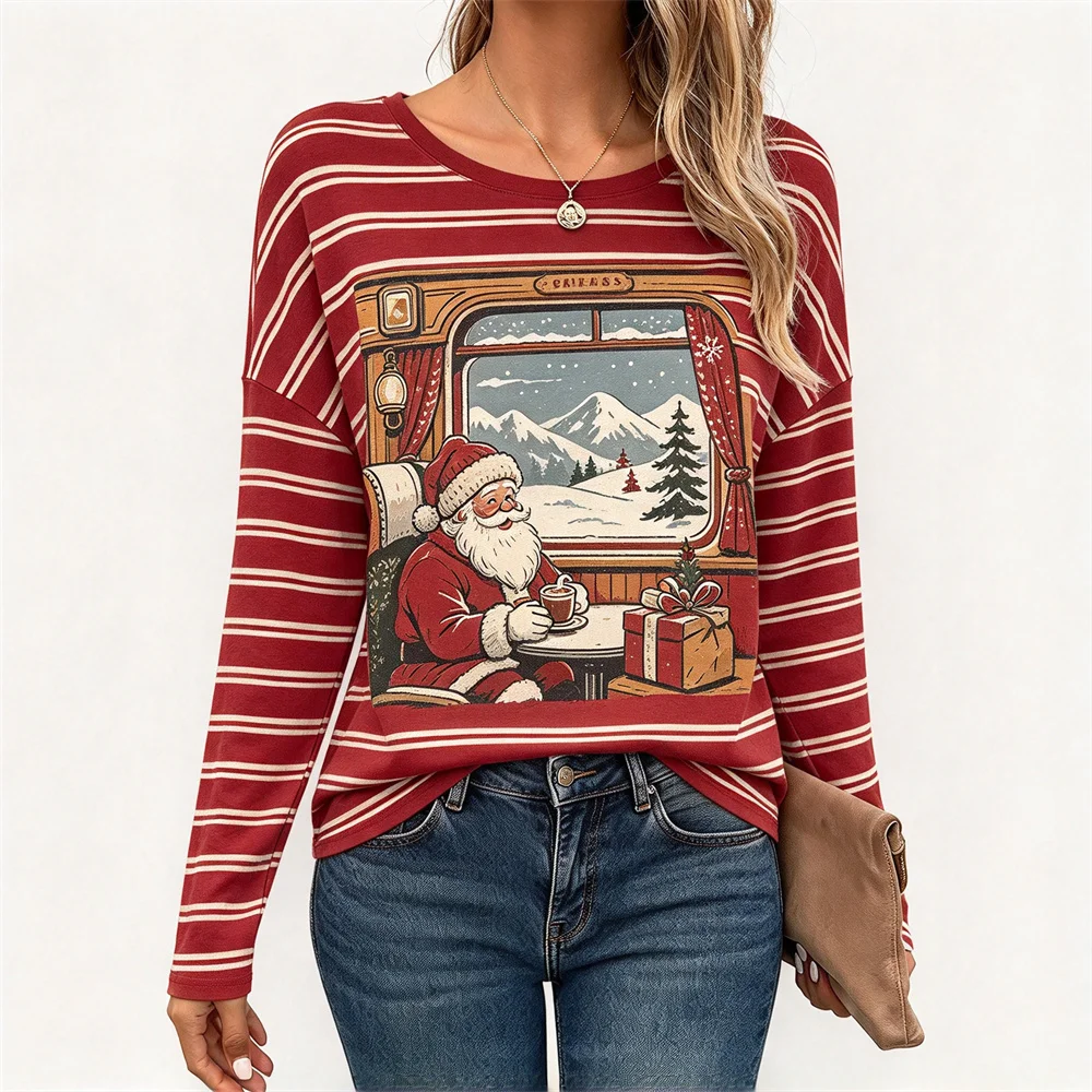 Women Christmas Santa Scene Print Long Sleeve T-shirt Plaid Stripe Tops Xmas Graphic Pullover Gift Ladies Soft Comfort Tee Shirt