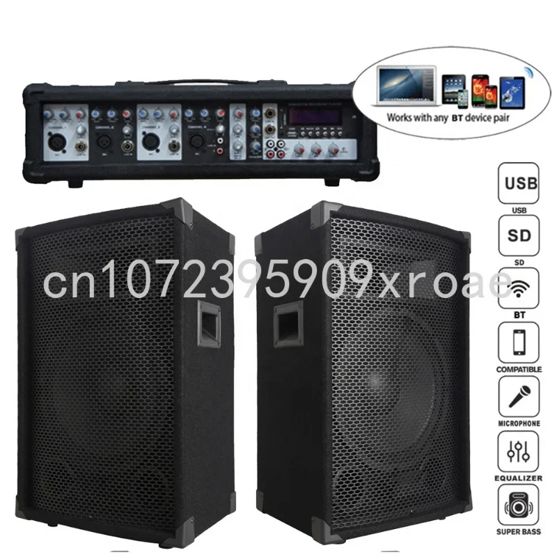 Professional Audio Subwoofer, PA Speaker System, BT, TWS, Karaoke Sets, 4 Channel Powered Mixer Sound Box, 1200W, 2X15\