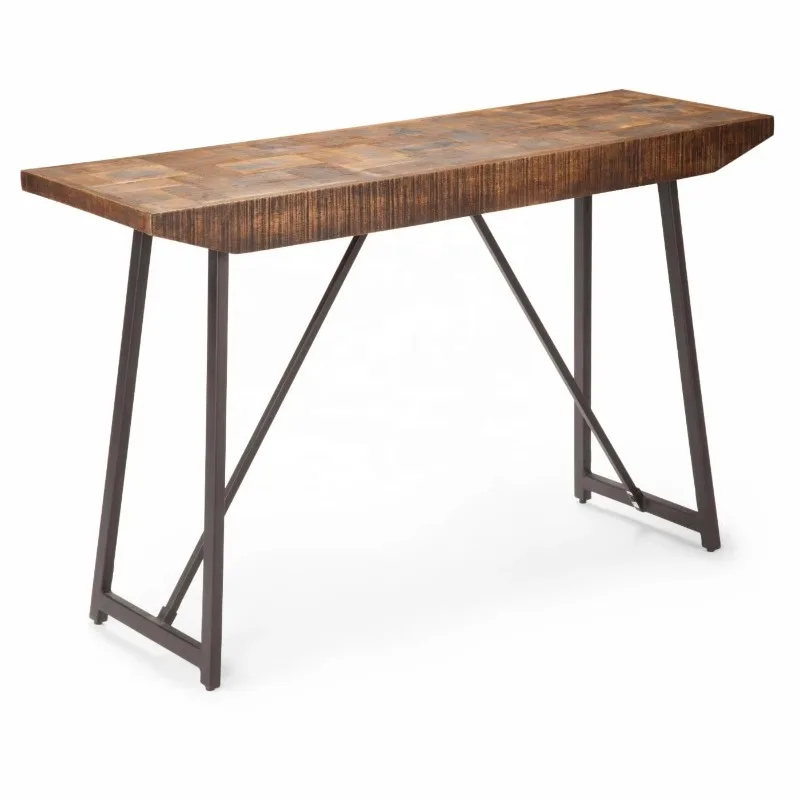 Rustic Industrial Sofa Table With Parquet Pattern Solid Mango Wood Top With Black Iron Base Living Room Wooden Console Table